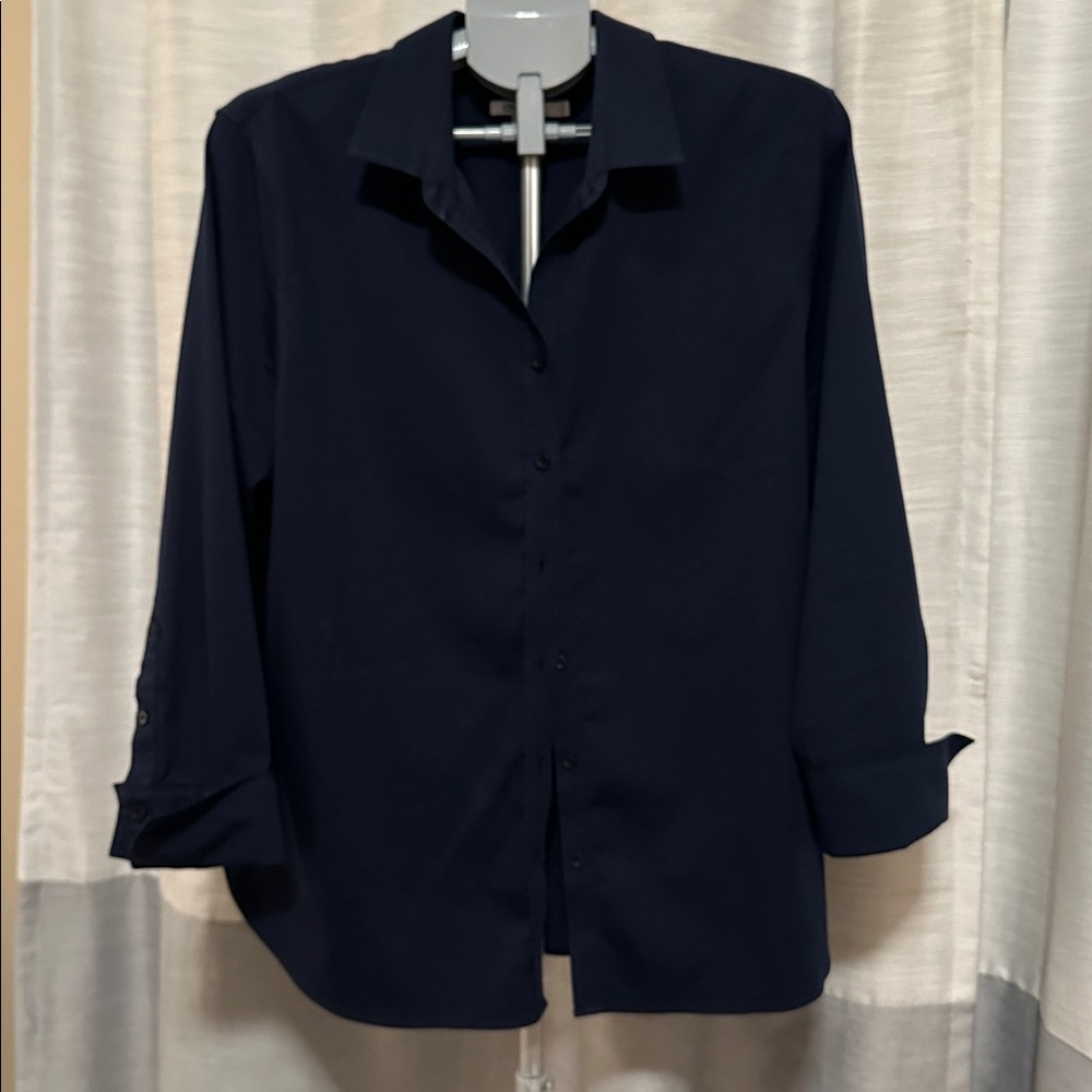 Chico's Navy Blue 3/4 Sleeve No-Iron Button Down Shirt